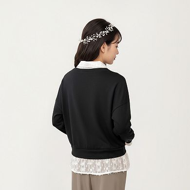 Women's Layered V-Neck Pullover Top with Sheer Lace Trim and Collared Blouse Detail