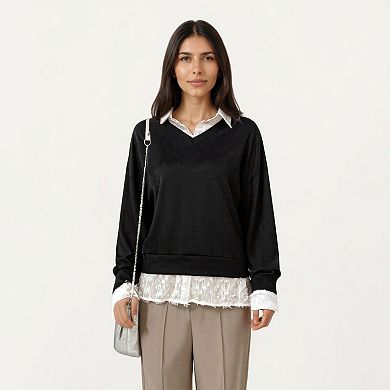 Women's Layered V-Neck Pullover Top with Sheer Lace Trim and Collared Blouse Detail