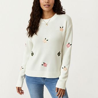Women's Long Sleeve Knit Sweater with Embroidered Floral Pattern and Ribbed Trim