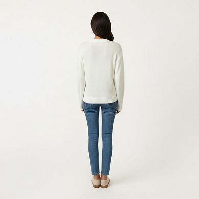 Women's Long Sleeve Knit Sweater with Embroidered Floral Pattern and Ribbed Trim