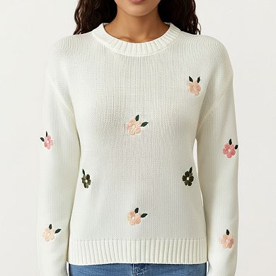 Women's Long Sleeve Knit Sweater with Embroidered Floral Pattern and Ribbed Trim