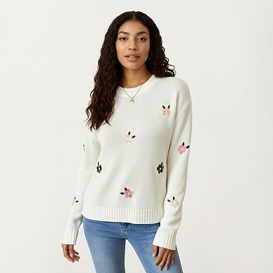 Women's Long Sleeve Knit Sweater with Embroidered Floral Pattern and Ribbed Trim
