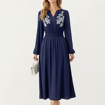 Women's Long Sleeve Embroidered Midi Dress with Smocked Waist and Flowing Skirt