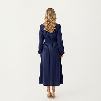 Women's Long Sleeve Embroidered Midi Dress with Smocked Waist and Flowing Skirt