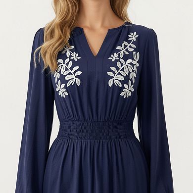 Women's Long Sleeve Embroidered Midi Dress with Smocked Waist and Flowing Skirt