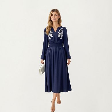 Women's Long Sleeve Embroidered Midi Dress with Smocked Waist and Flowing Skirt