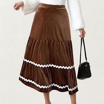 Women's Tiered Velvet Midi Skirt with Contrast Wavy Trim Detailing