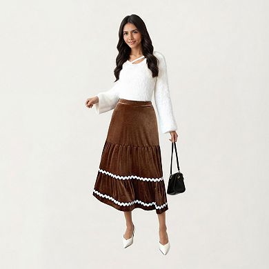Women's Tiered Velvet Midi Skirt with Contrast Wavy Trim Detailing