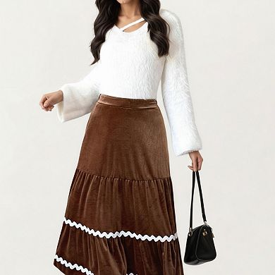 Women's Tiered Velvet Midi Skirt with Contrast Wavy Trim Detailing
