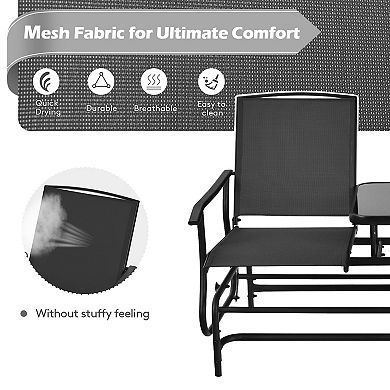 2-Person Double Rocking Loveseat with Mesh Fabric and Center Tempered Glass Table-Black