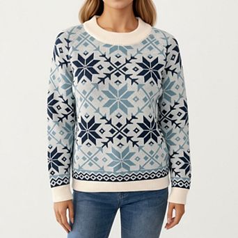 Women's Snowflake Pattern Knit Sweater with Ribbed Crew Neck and Long Sleeves