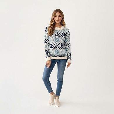 Women's Snowflake Pattern Knit Sweater with Ribbed Crew Neck and Long Sleeves