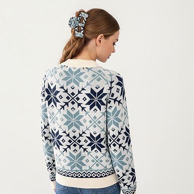 Women's Snowflake Pattern Knit Sweater with Ribbed Crew Neck and Long Sleeves