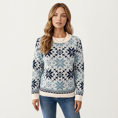 Women's Snowflake Pattern Knit Sweater with Ribbed Crew Neck and Long Sleeves