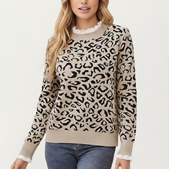 Women's Leopard Print Knit Sweater with Ribbed Trim and Long Sleeves