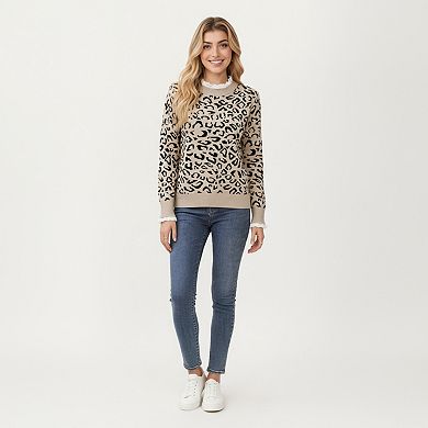 Women's Leopard Print Knit Sweater with Ribbed Trim and Long Sleeves