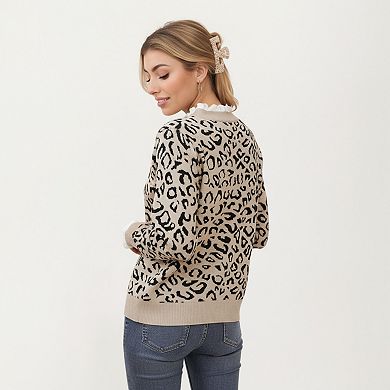 Women's Leopard Print Knit Sweater with Ribbed Trim and Long Sleeves