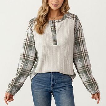 Women's Plaid Long Sleeve Henley Top with Textured Knit Front and Button Detail