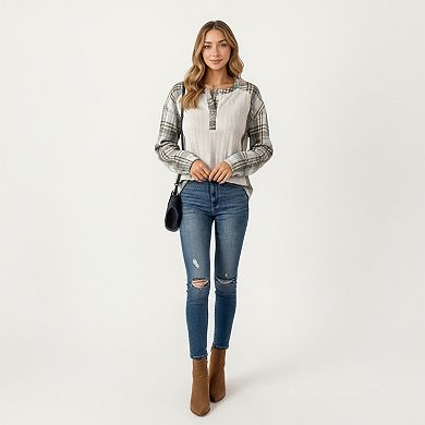 Women's Plaid Long Sleeve Henley Top with Textured Knit Front and Button Detail