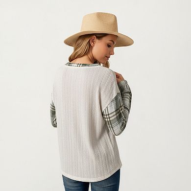 Women's Plaid Long Sleeve Henley Top with Textured Knit Front and Button Detail