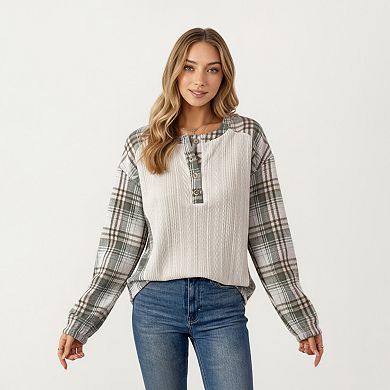 Women's Plaid Long Sleeve Henley Top with Textured Knit Front and Button Detail