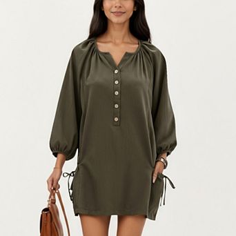 Women's Long Sleeve Button Front Tunic Dress with Adjustable Side Ties and Relaxed Fit