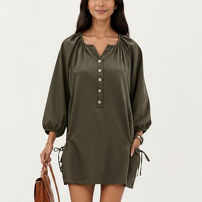 loose fit tunic dress WDIRARA Women's Stripes Print Button Down Casual Shirt Dress Notch Neck Short Sleeve Dress Blue and White Large at Amazon Women's Clothing store the design is defined by its intricate eyelet embroidery and fluid silhouette Grey Linen Cotton Tunic Dress