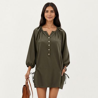 Women's Long Sleeve Button Front Tunic Dress with Adjustable Side Ties and Relaxed Fit