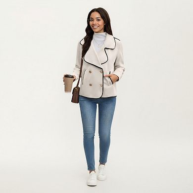 Women's Double-Breasted Peacoat Jacket with Contrast Piping and Wide Lapel Collar