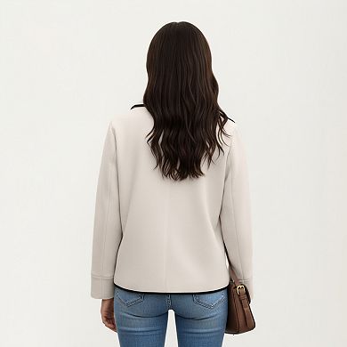 Women's Double-Breasted Peacoat Jacket with Contrast Piping and Wide Lapel Collar