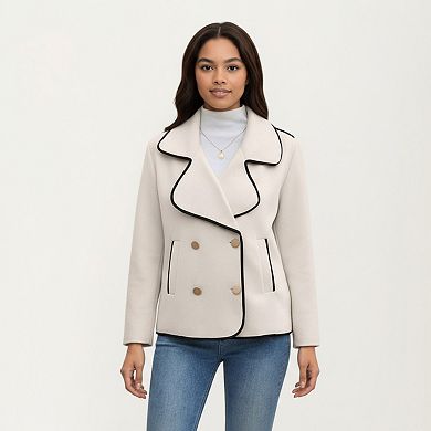Women's Double-Breasted Peacoat Jacket with Contrast Piping and Wide Lapel Collar