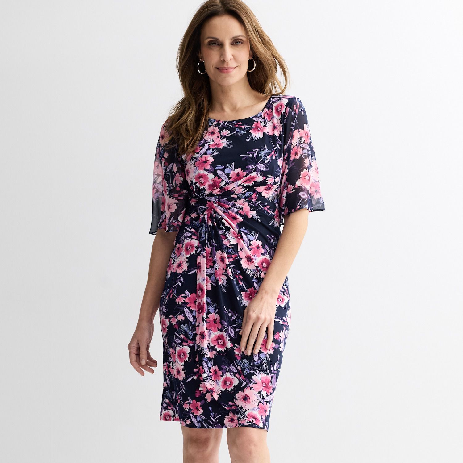 Женские платья Connected Apparel Print Chiffon Short Sleeve Side Drape Dress