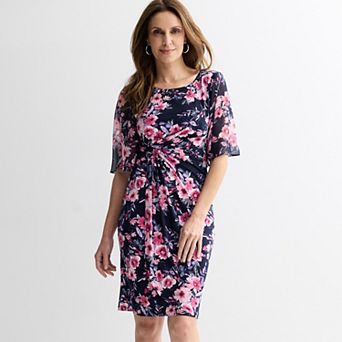 Women's Connected Apparel Print Chiffon Short Sleeve Side Drape Dress