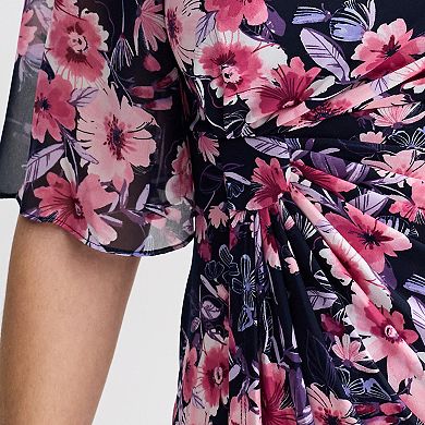 Women's Connected Apparel Print Chiffon Short Sleeve Side Drape Dress