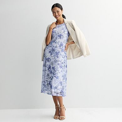 Women's Connected Apparel Printed Mesh Short Sleeve Bias Cut Midi Dress