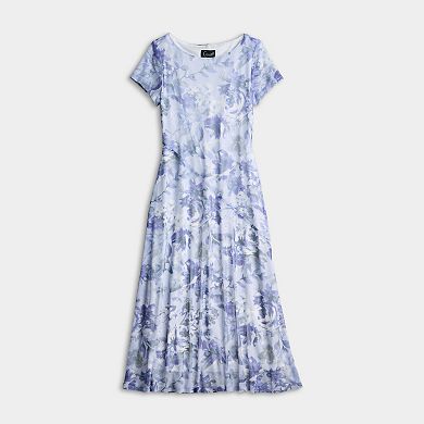 Women's Connected Apparel Printed Mesh Short Sleeve Bias Cut Midi Dress
