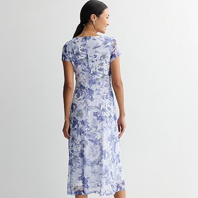 Women's Connected Apparel Printed Mesh Short Sleeve Bias Cut Midi Dress