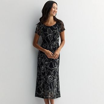 Women's Connected Apparel Printed Mesh Short Sleeve Bias Cut Dress