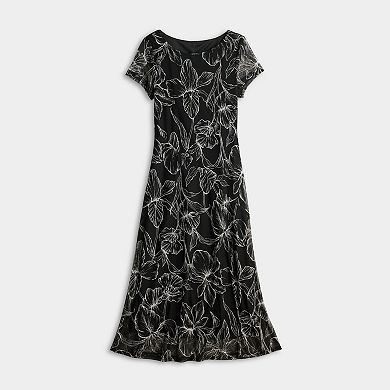 Women's Connected Apparel Printed Mesh Short Sleeve Bias Cut Dress
