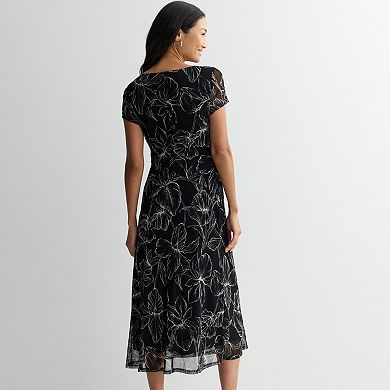 Women's Connected Apparel Printed Mesh Short Sleeve Bias Cut Dress