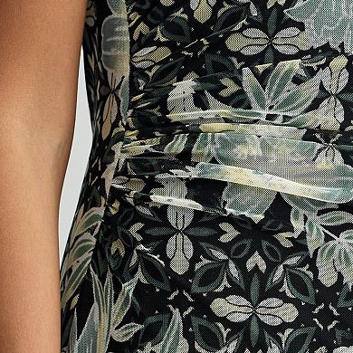 Women's Connected Apparel Printed Mesh Side-Ruched Dress