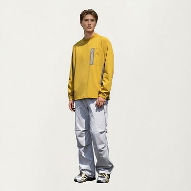 Men's Long Sleeve Pullover Crew Neck Top with Contrast Zipper Chest Pocket and Elastic Cuffs