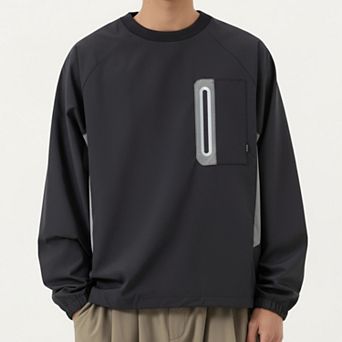 Men's Long Sleeve Pullover Crew Neck Top with Contrast Zipper Chest Pocket and Elastic Cuffs