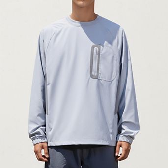 Men's Long Sleeve Pullover Crew Neck Top with Contrast Zipper Chest Pocket and Elastic Cuffs