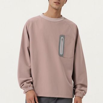 Men's Long Sleeve Pullover Crew Neck Top with Contrast Zipper Chest Pocket and Elastic Cuffs