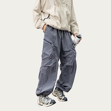Men's Textured Wide Leg Cargo Pants with Zipper Pockets and Adjustable Drawstring Waist