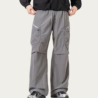 Men's Textured Wide Leg Cargo Pants with Zipper Pockets and Adjustable Drawstring Waist