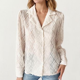 Women's Long Sleeve Button-Up Textured Sheer Blouse with Subtle Diamond Pattern