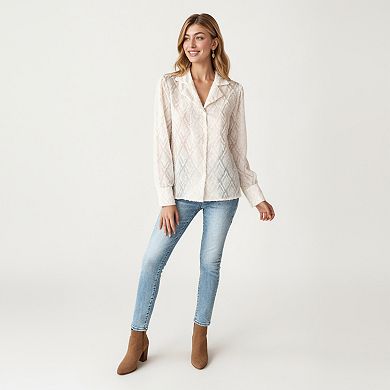 Women's Long Sleeve Button-Up Textured Sheer Blouse with Subtle Diamond Pattern
