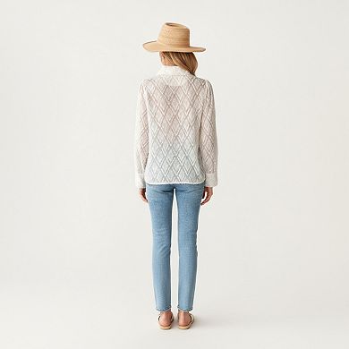 Women's Long Sleeve Button-Up Textured Sheer Blouse with Subtle Diamond Pattern